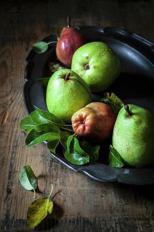 Red And Green Pears In A Dish Photograph by Elisabeth Von Plnitz-eisfeld