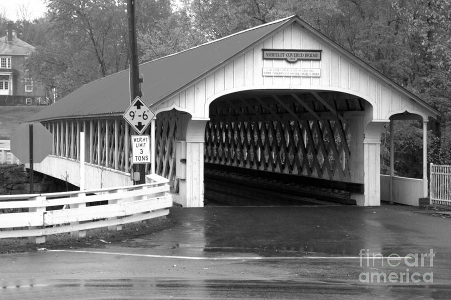Red And White Ashuelot Coverd Bridge Black And White Photograph by Adam Jewell