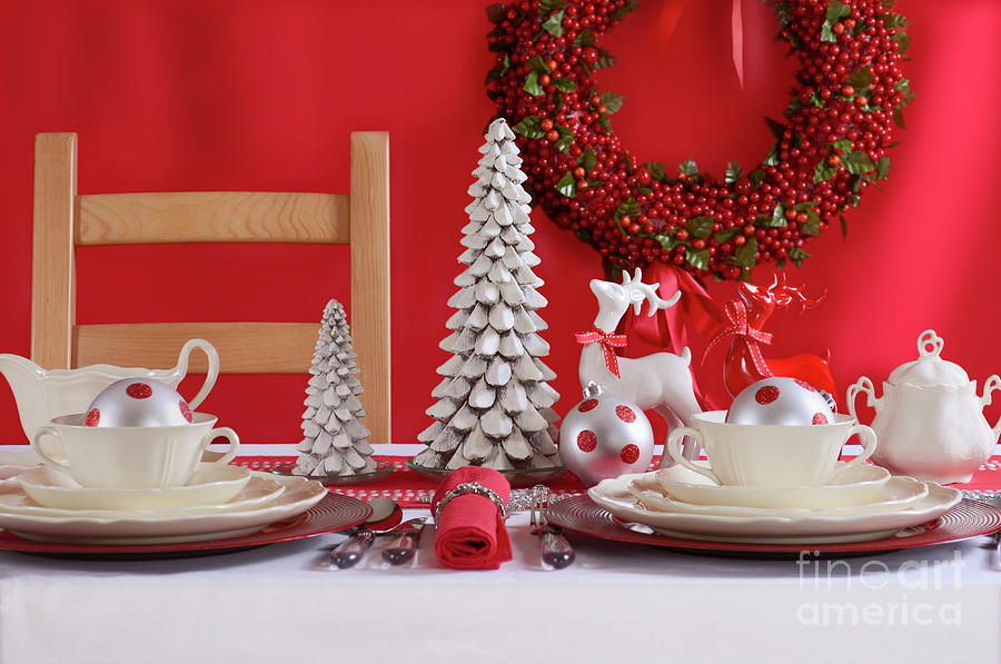Red and White Christmas Table Setting.  Photograph by Milleflore Images