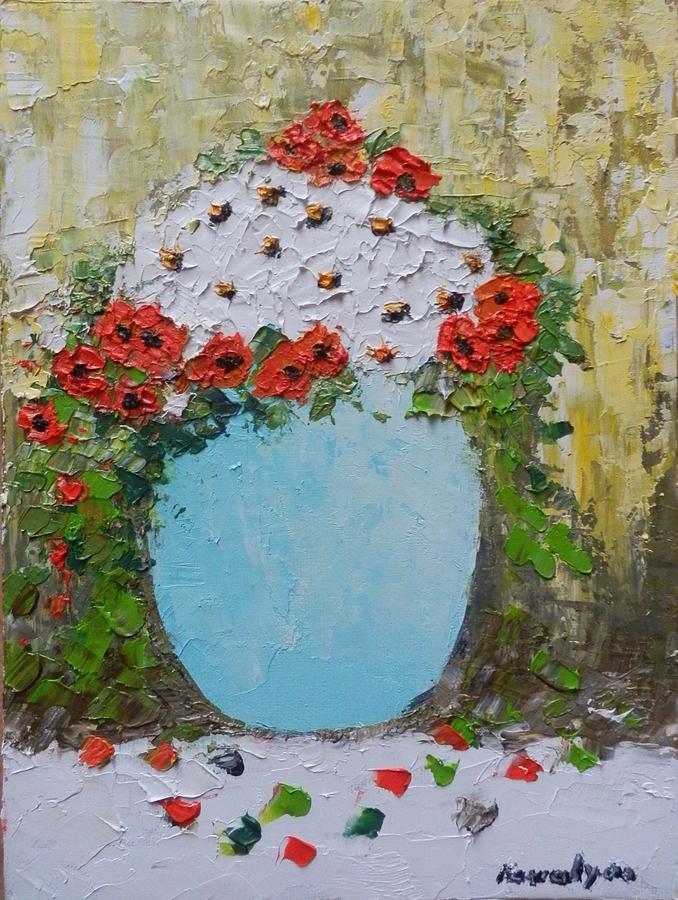 Still Life Painting - Red and white flowers in  a blue vase by Maria Karalyos