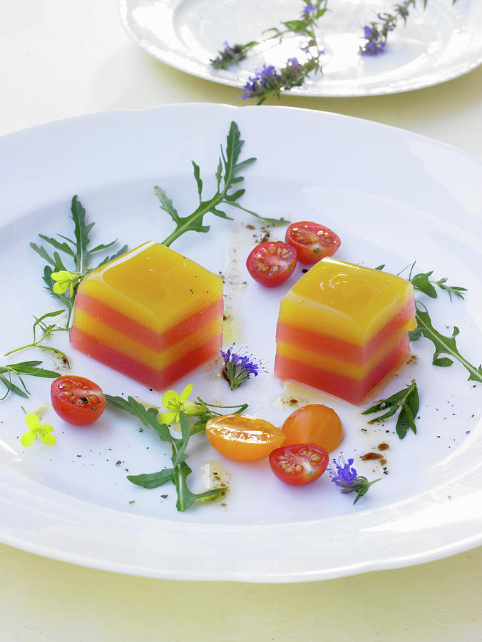 Red And Yellow Tomato Terrine With Hyssop And Rocket Photograph by Barbara Lutterbeck