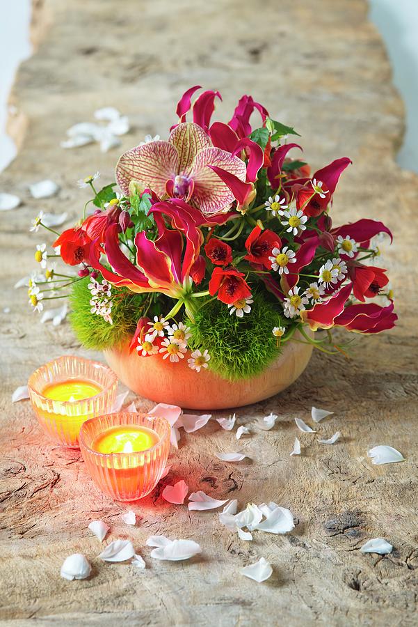 Red Arrangement Of Flame Lily, Orchids And Indian Mallow Photograph by Alena Hrbkov