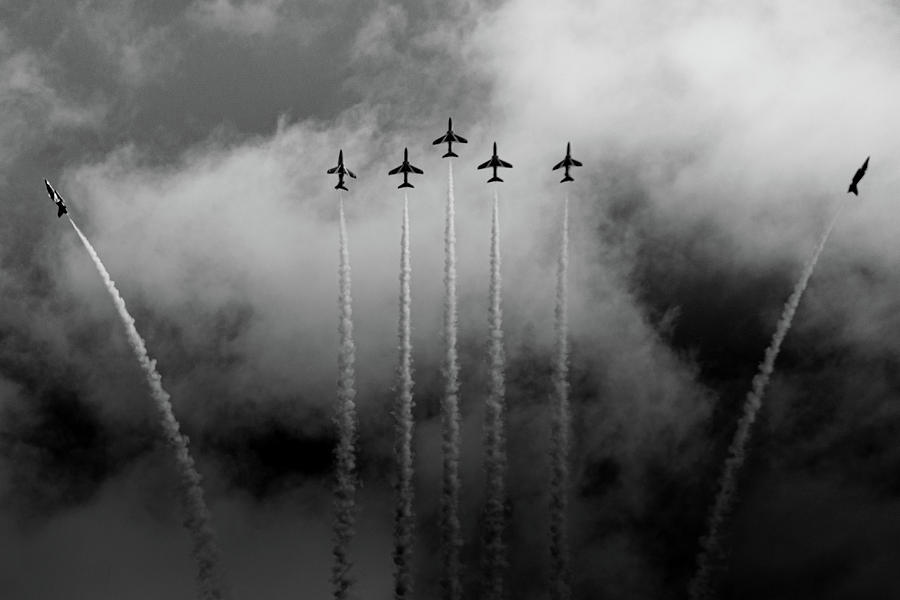 Red Arrows black and white break Photograph by Scott Lyons