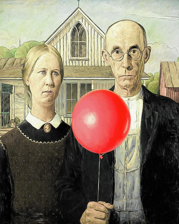 Red Balloon Does American Gothic Digital Art by John Haldane