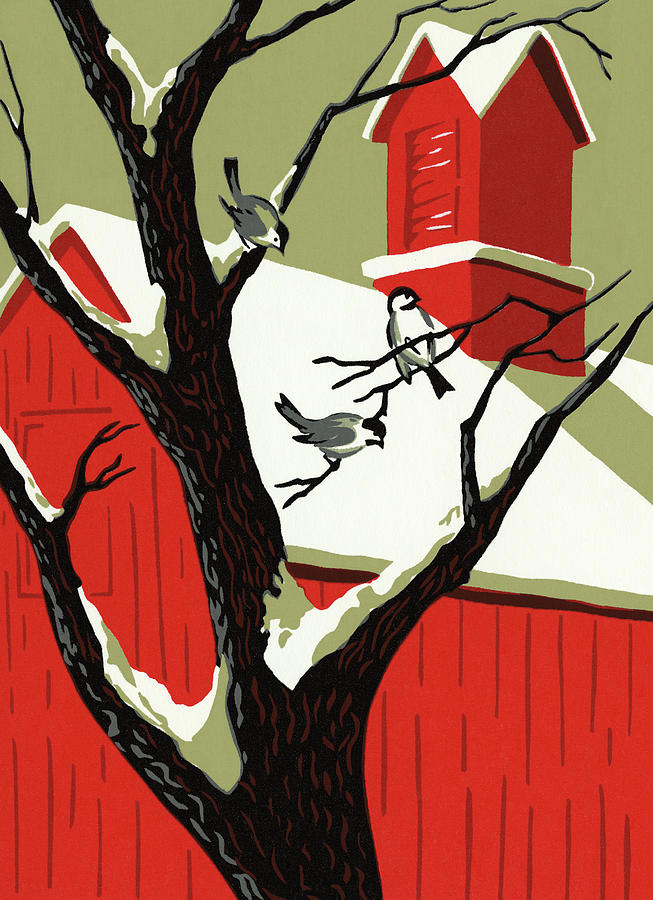 Chickadee Drawing - Red Barn and a Tree in Winter by CSA Images