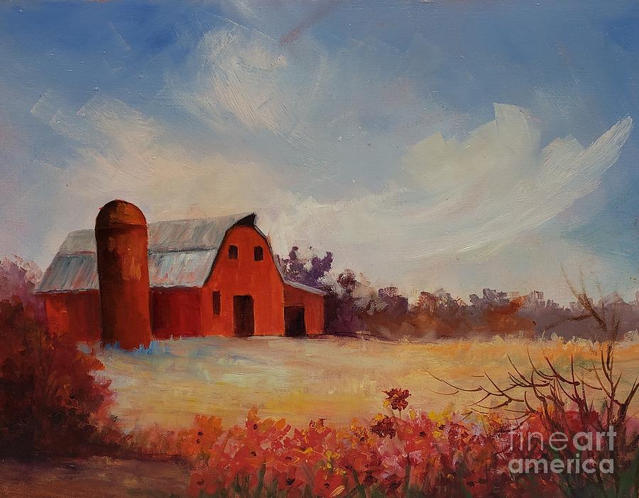 Red Barn and Silo Painting by Barbara Haviland