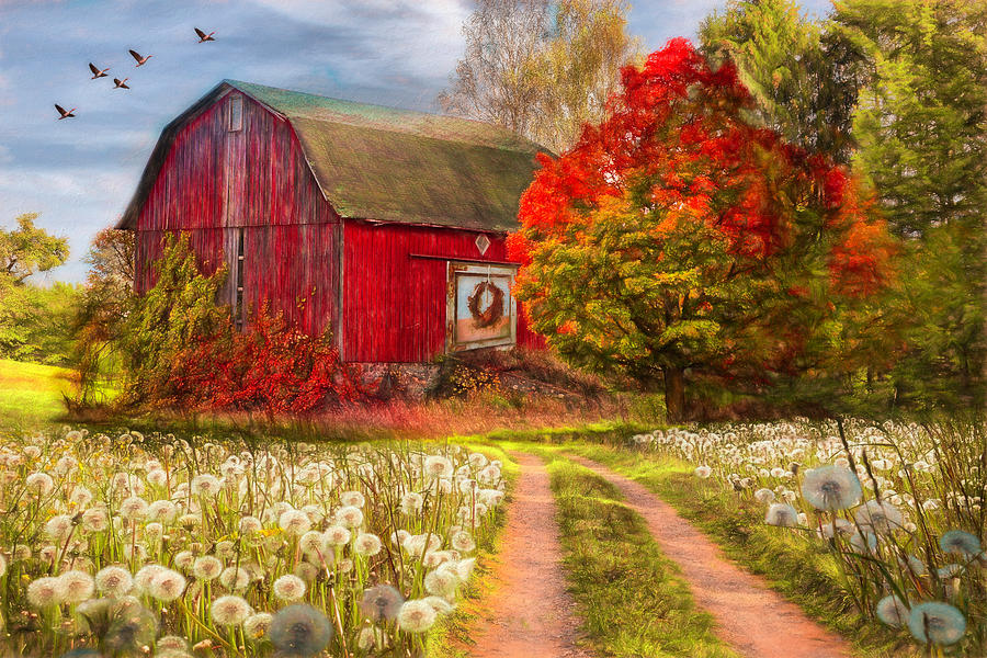 Red Barn in Early Autumn Painting Photograph by Debra and Dave Vanderlaan