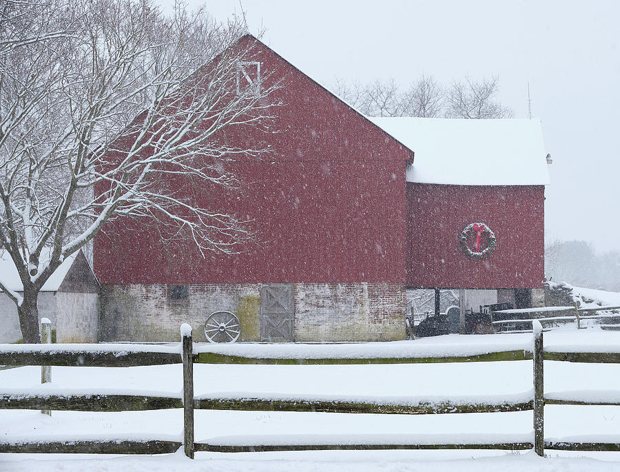 Red Barn In Snowstorm Photograph