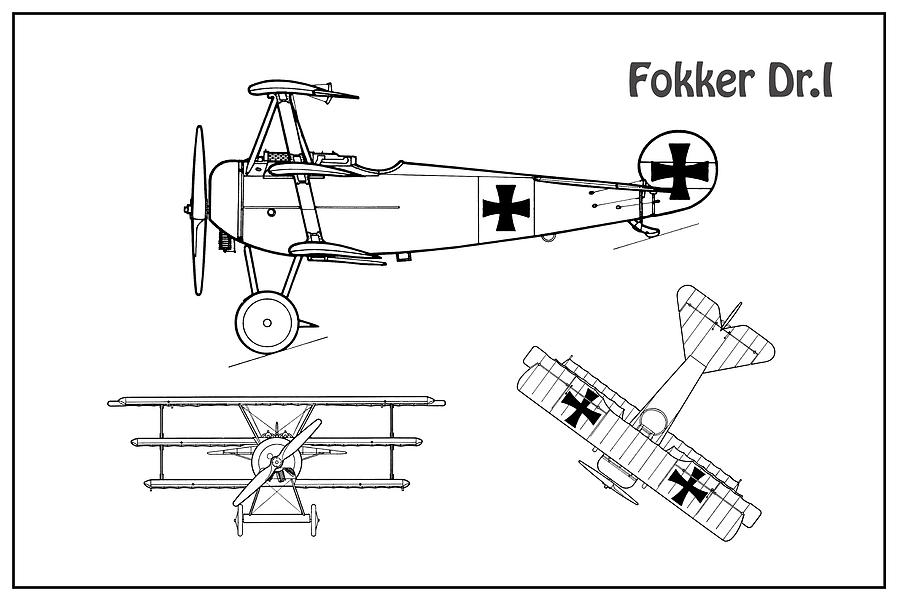 Red Baron Fokker Dr.1 Airplane Blueprint. Drawing Plans for the WWI