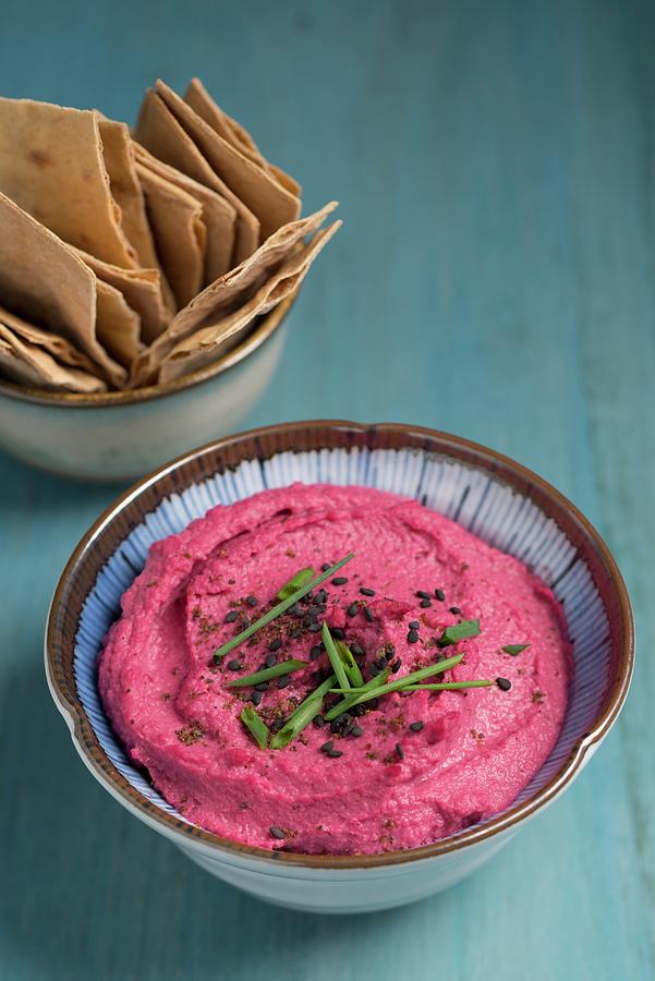 Red Beet Hummus Served With Pita Crackers Photograph by Laurange