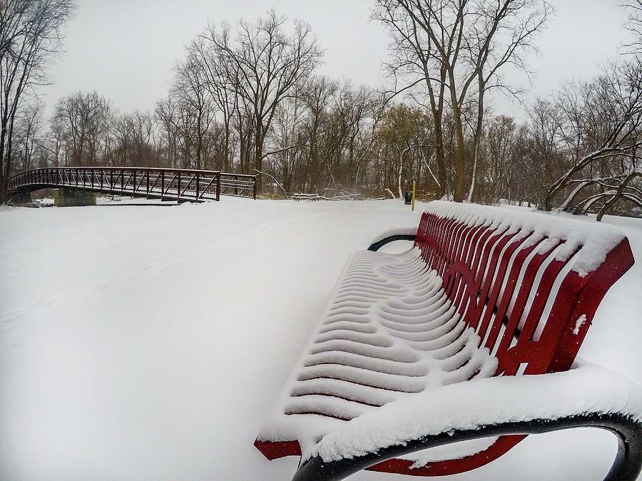 Red Bench in the Snow G0903432 Digital Art by Michael Thomas