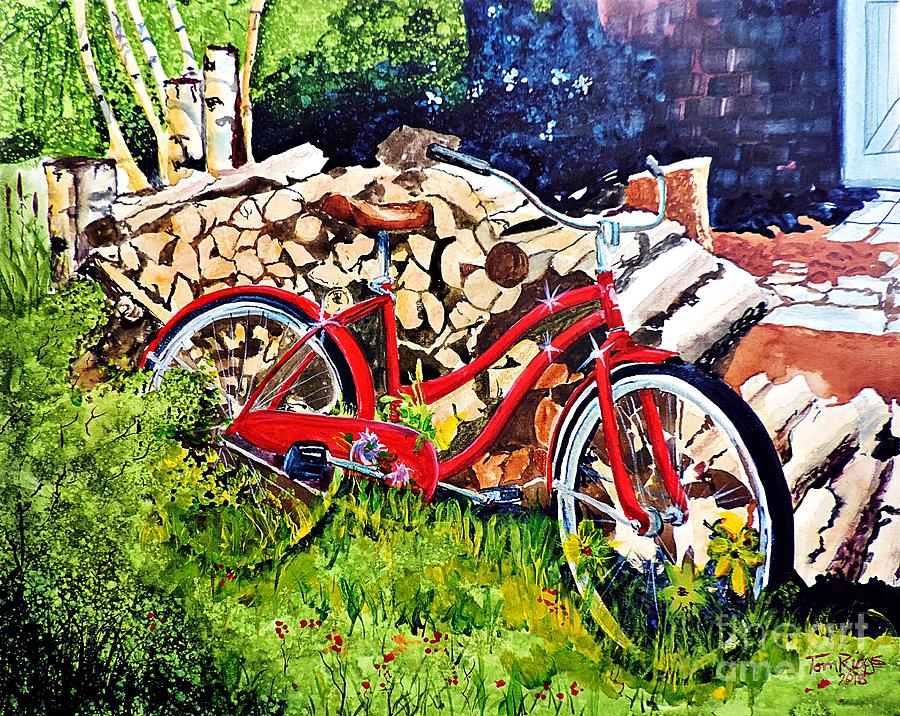 Red Bike and the Wood Pile Painting by Tom Riggs