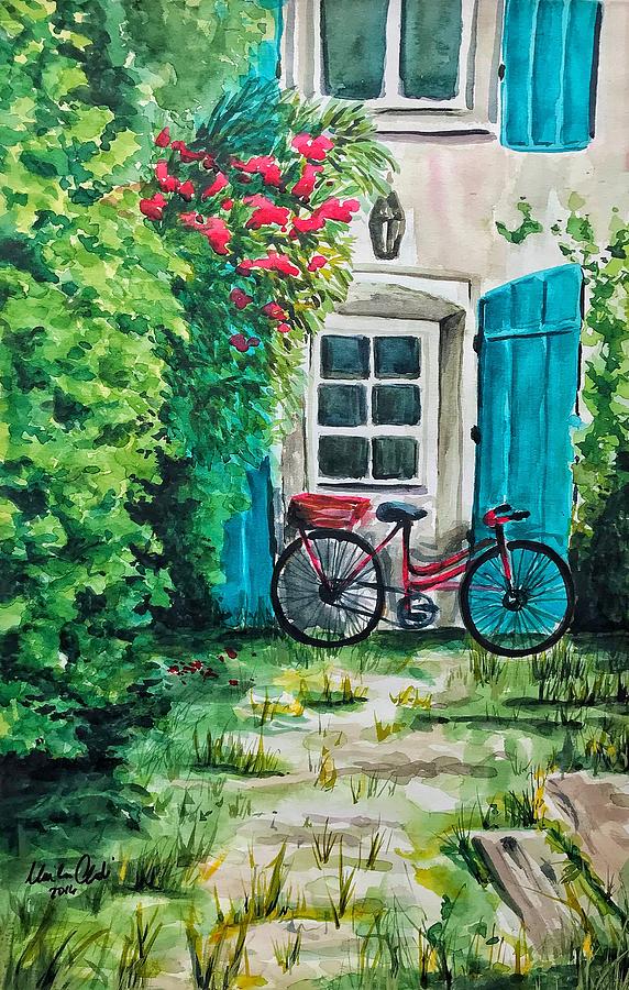 Watercolor Painting - Red Bike in Courtyard by Monika Arturi Watercolor Painting - Red Bike in Courtyard by Monika Arturi