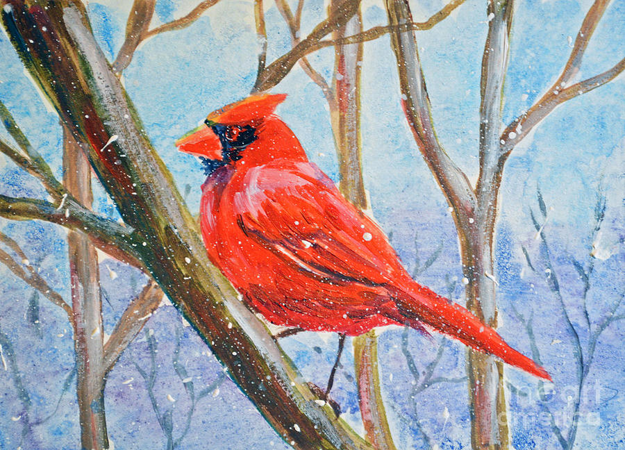 Red Bird in Winter Painting by Li Newton