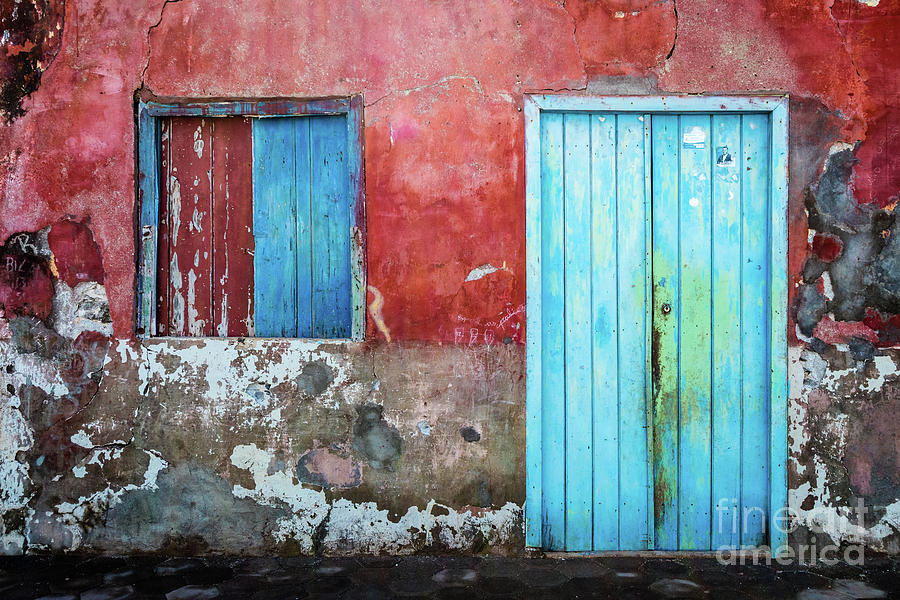Red, blue and grey wall, door and window Photograph by Lyl Dil Creations