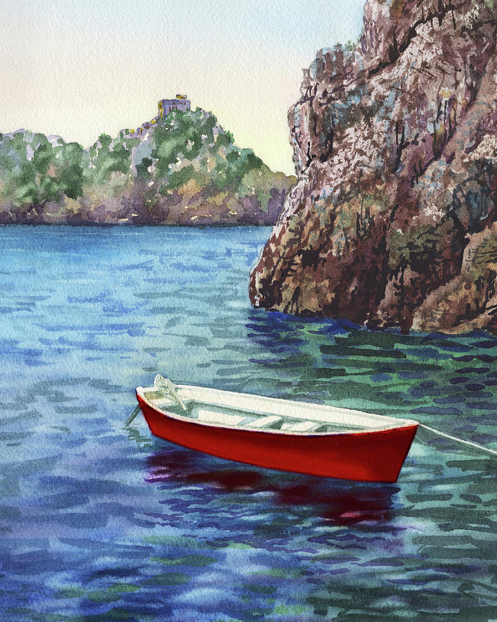 Red Boat In The Blue Sea Painting by Irina Sztukowski