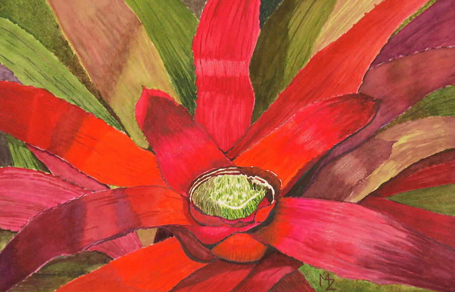 Red Bromeliad after Rain Painting by Margaret Zabor