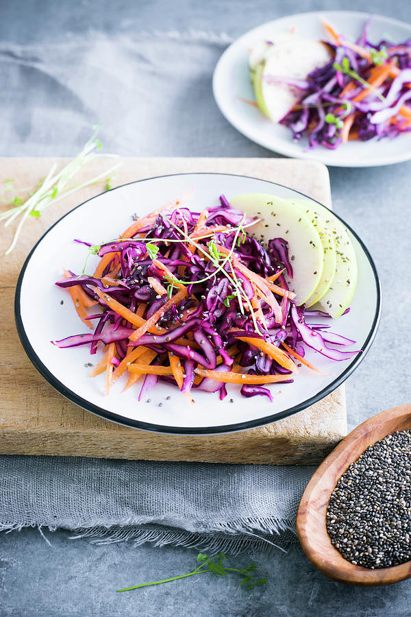 Red Cabbage And Carrot Salad With Chia Seeds And Apples Photograph by Maricruz Avalos Flores