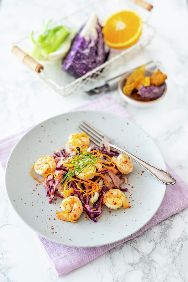 Red Cabbage And Fennel Coleslaw With Spicy-fruity Prawns Photograph by Jan Wischnewski