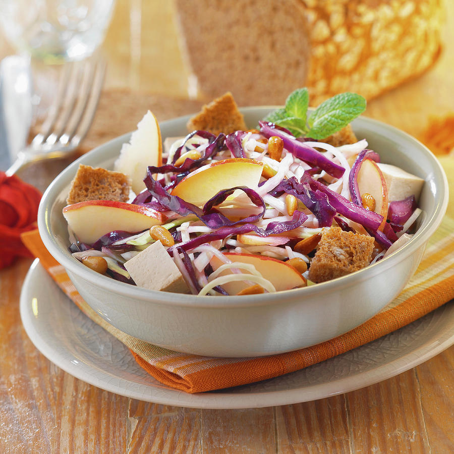 Red Cabbage, Apple, Tofu And Crouton Salad Photograph by Garcia Fine