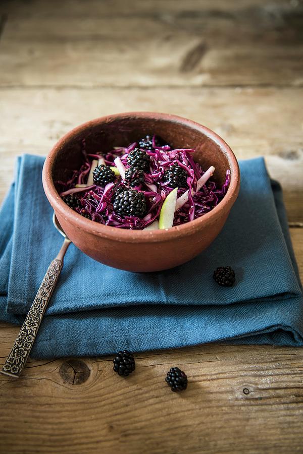 Red Cabbage & Blackberry Coleslaw On A Wooden Table Photograph by Magdalena Hendey