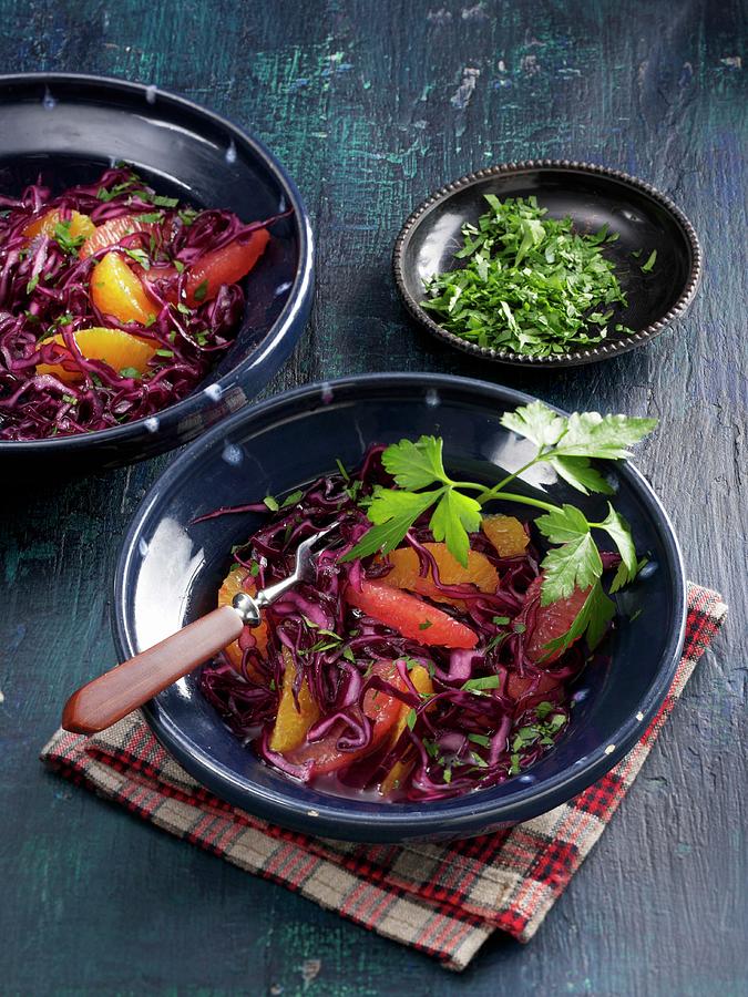Red Cabbage Salad With Citrus Fruits Photograph by Newedel, Karl - Fine ...