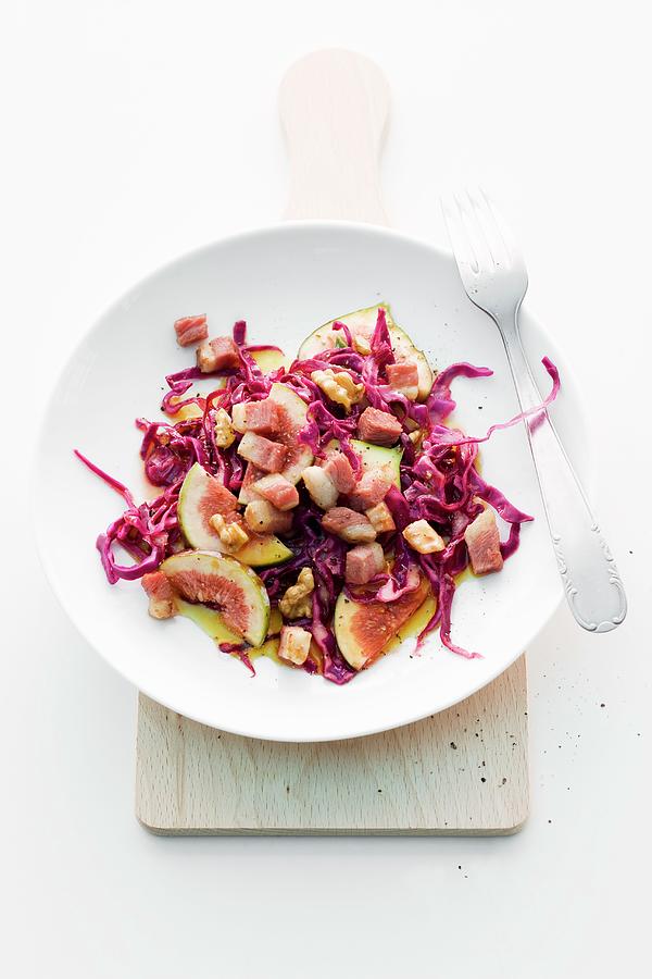 Red Cabbage Salad With Figs, Walnuts And Ham Photograph by Michael Wissing