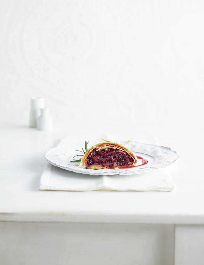 Fall Photograph - Red Cabbage Strudel With Chocolate Ice Cream And Candied Ginger by Nikolai Buroh