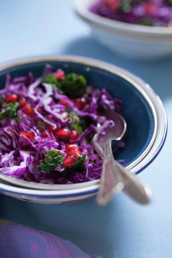 Red Cabbage With Kale And Pomegranate Seeds In An Enamel Bowl Photograph by Katharine Pollak