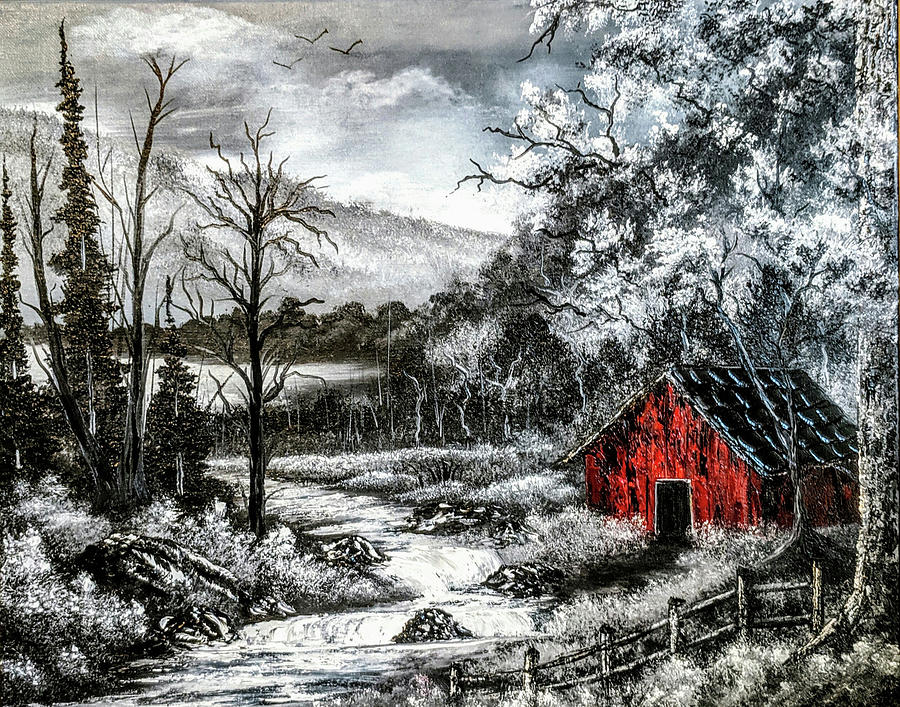 Nature Painting - Red Cabin by Teri Lindley