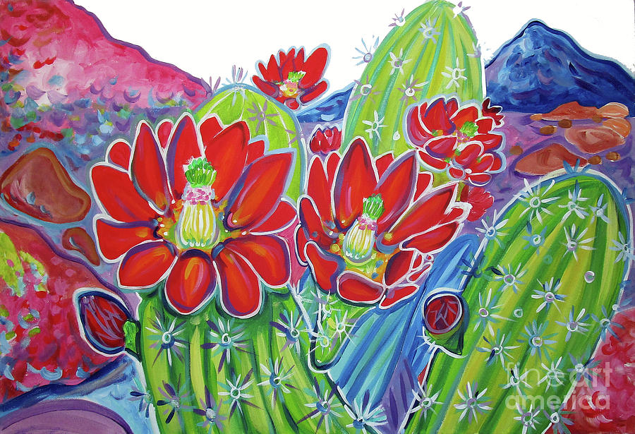 Red Cactus Flowers Painting by Rachel Houseman