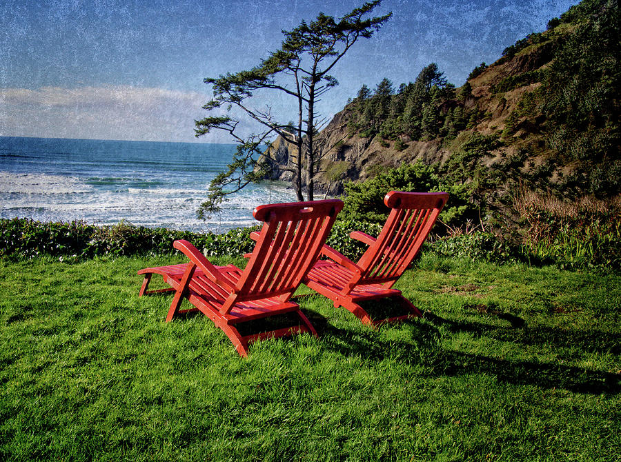 Nature Photograph - Red Chairs At Agate Beach by Thom Zehrfeld