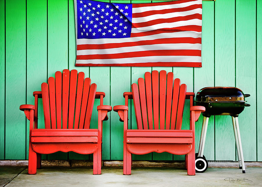 Red Chairs Green Wall, Barbecue And American Flag Photograph by Dan Barba
