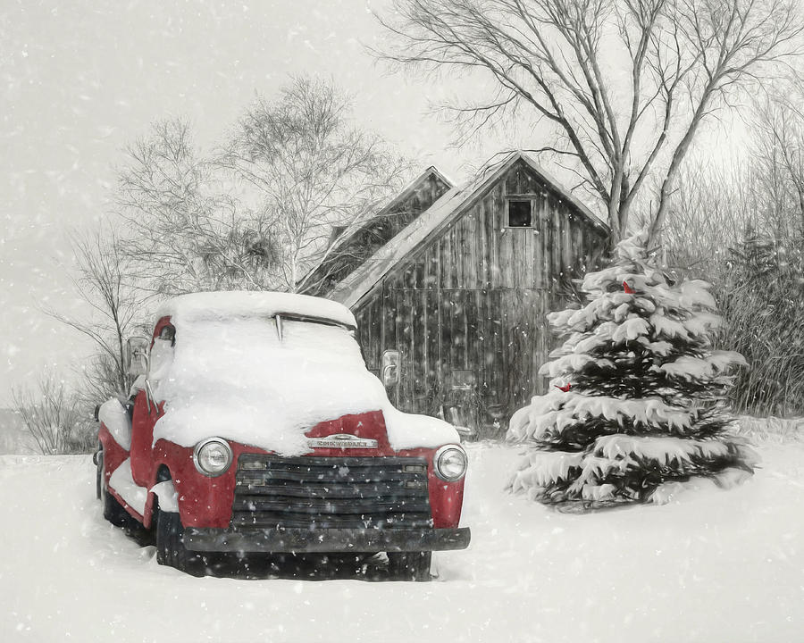 Red Chevy in the Snow Mixed Media by Lori Deiter