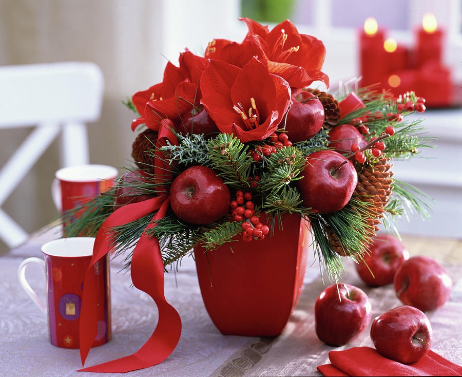 Red Christmas Bouquet With Amaryllis And Apples Photograph by Friedrich Strauss