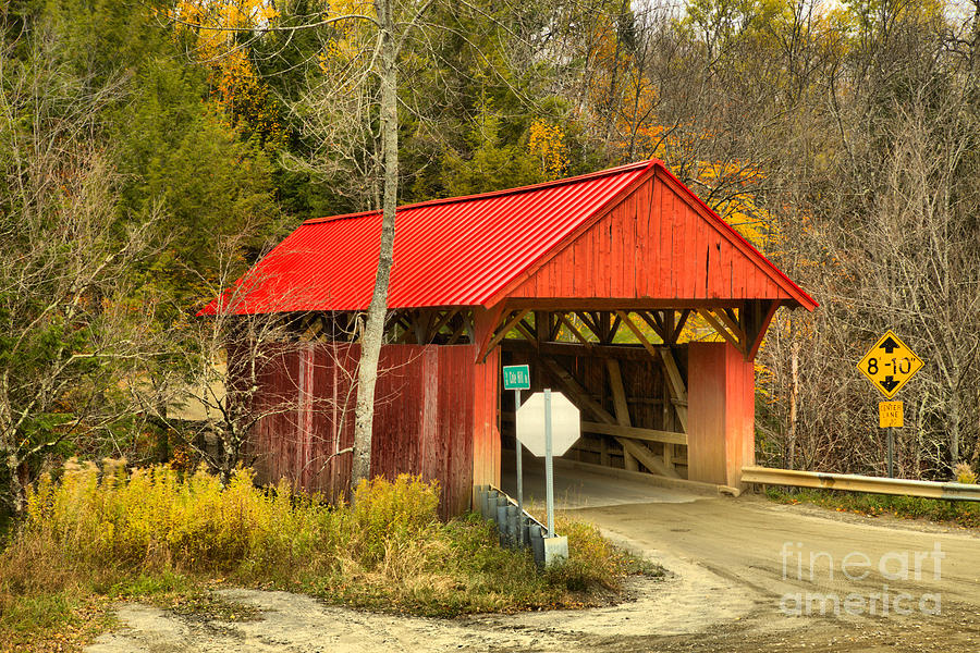 Red Covered Bridge Fall Landscape Photograph by Adam Jewell
