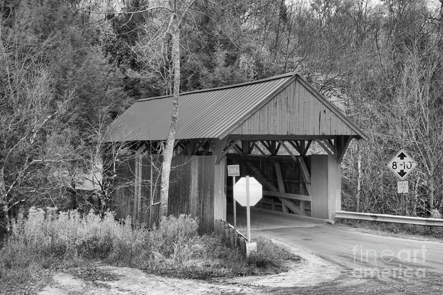 Red Covered Bridge Fall Landscape Black And White Photograph by Adam Jewell