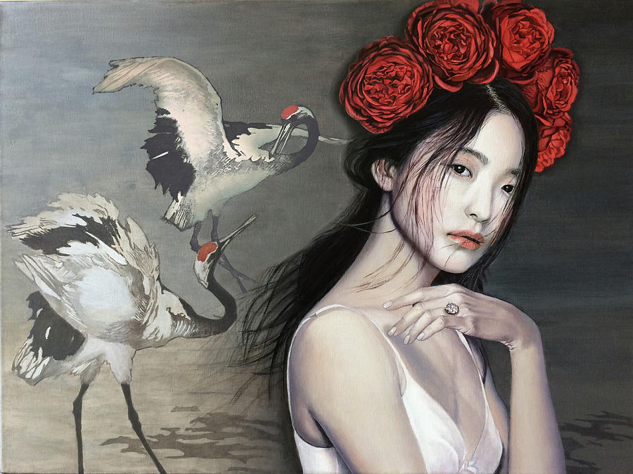 Red Crowned Crane Painting by Vlasta Smola