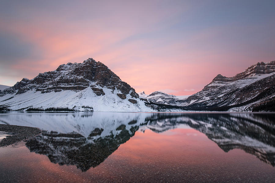 Red dawn on Bow Lake Photograph by Celine Pollard