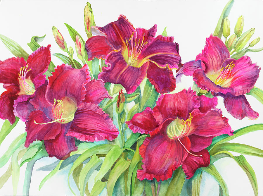 Nature Painting - Red Daylilies With Yellow Centers by Joanne Porter