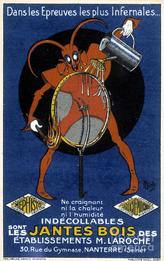 Red Devil In Front Of A Bike Wheel Illustrating An Ad For The Wooden Rims Of Laroche Drawing by Michel Liebeaux