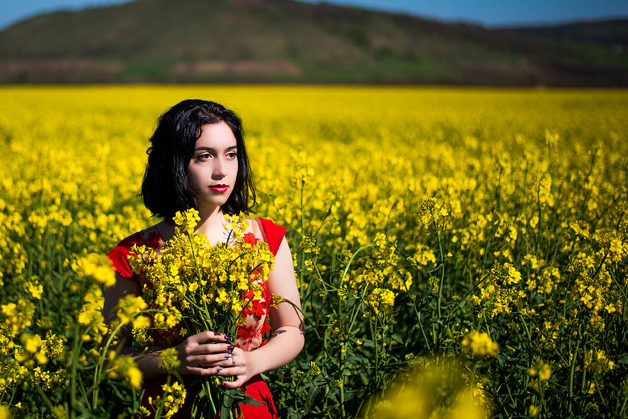 Red Dress In A Yellow Field Beneath The Blue Sky Photograph by Doru Petrutiu