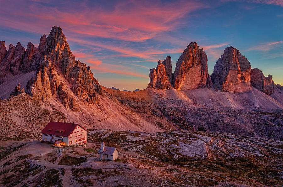 Red evening on Tre Cime di Lavaredo Photograph by Dmytro Korol