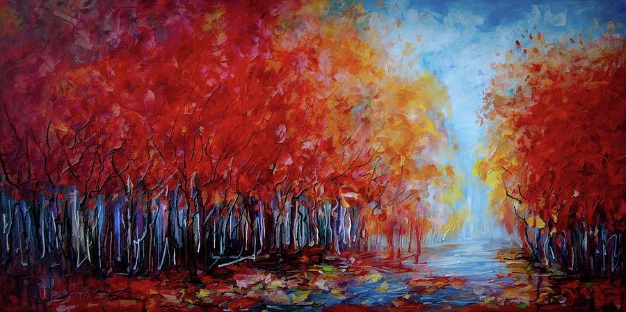 Red Fall Forest by OLena Art  Painting by Lena Owens - OLena Art Vibrant Palette Knife and Graphic Design