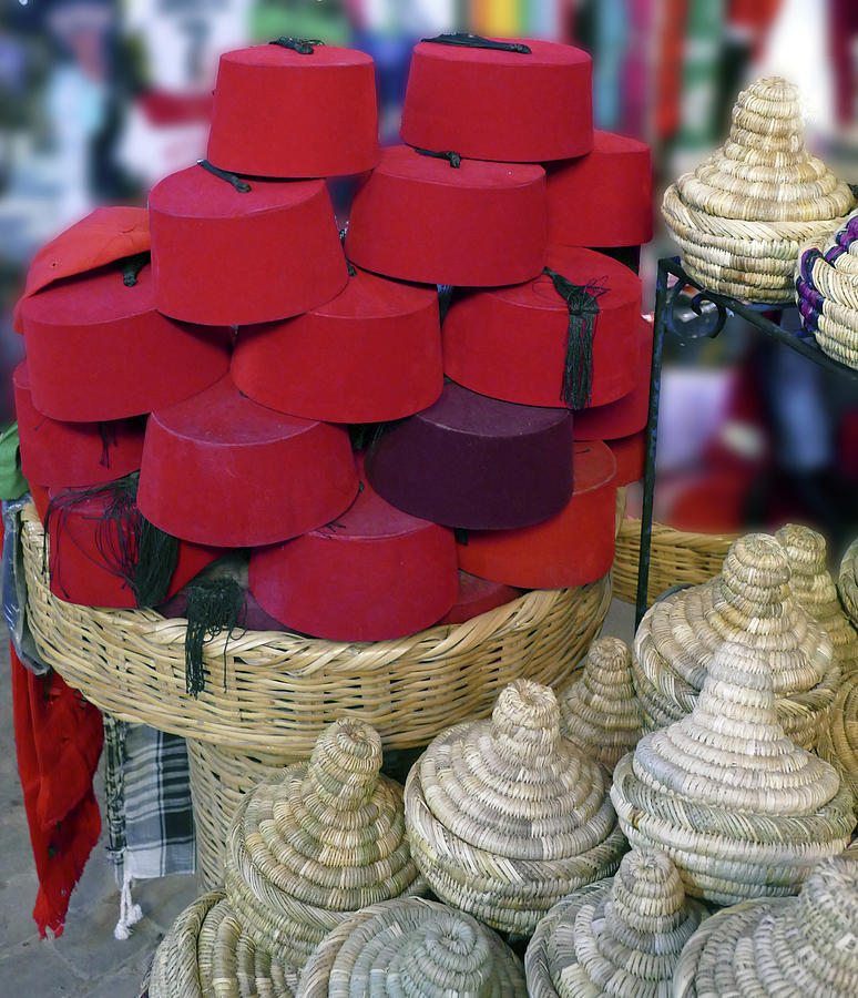 Red Fez Tarbouche And White Wicker Tagine Cookers Photograph
