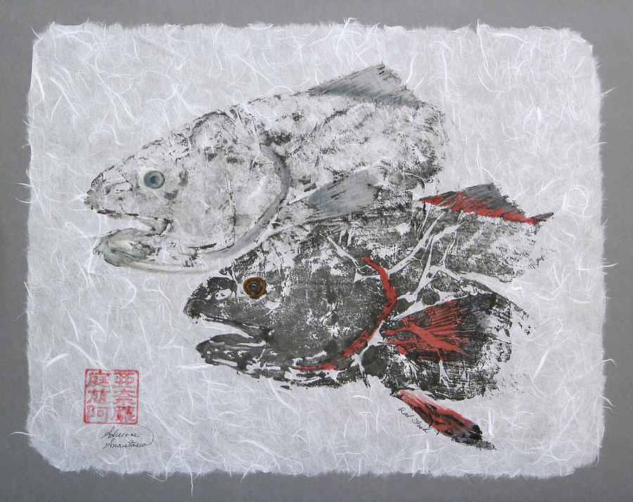 Red Fish Head Duo with Border  Painting by Adrienne Dye