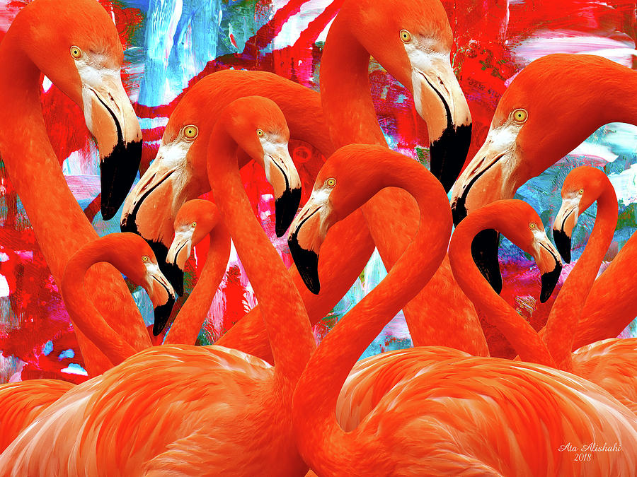 Bird Mixed Media - Red Flamingo Family by Ata Alishahi