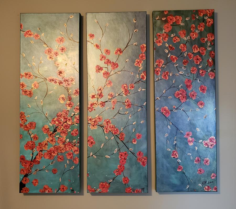 Red Floral three canvas painting Painting by Kathlene Melvin