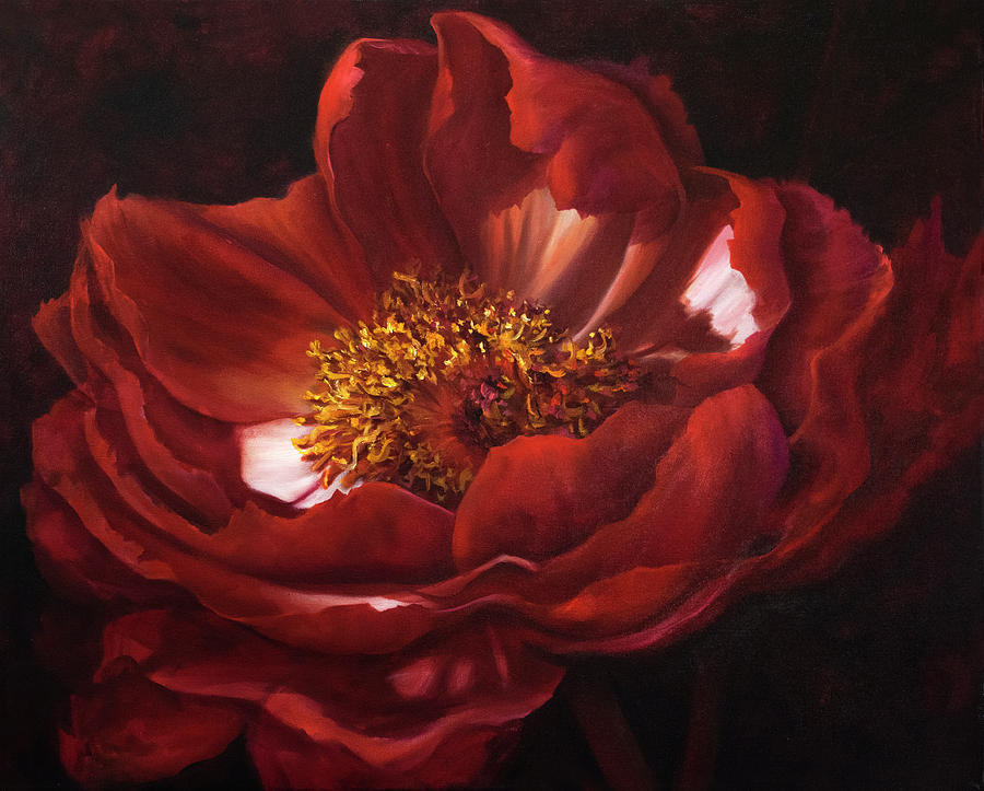 Red Peonie Macro Painting Painting by Lynne Pittard