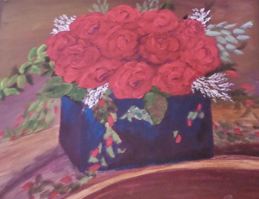 Red Flowers on Curved Shelf Painting by Christy Saunders Church
